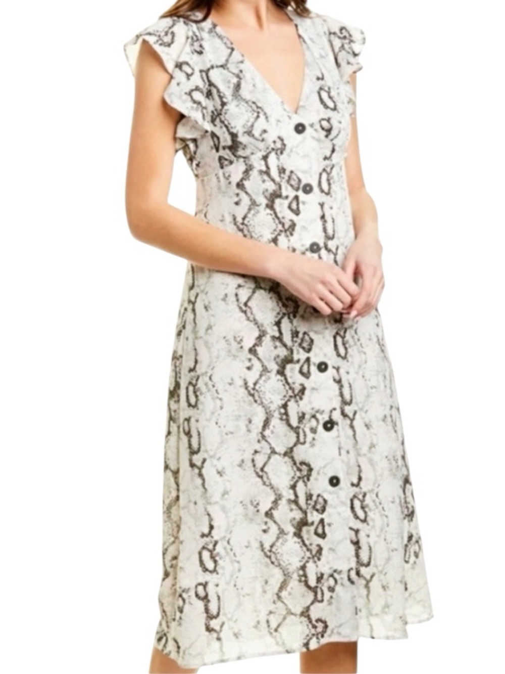 Laundry By Shelli Segal Button Front V Neck Ruffle Sleeve Snake-Print Midi Dress